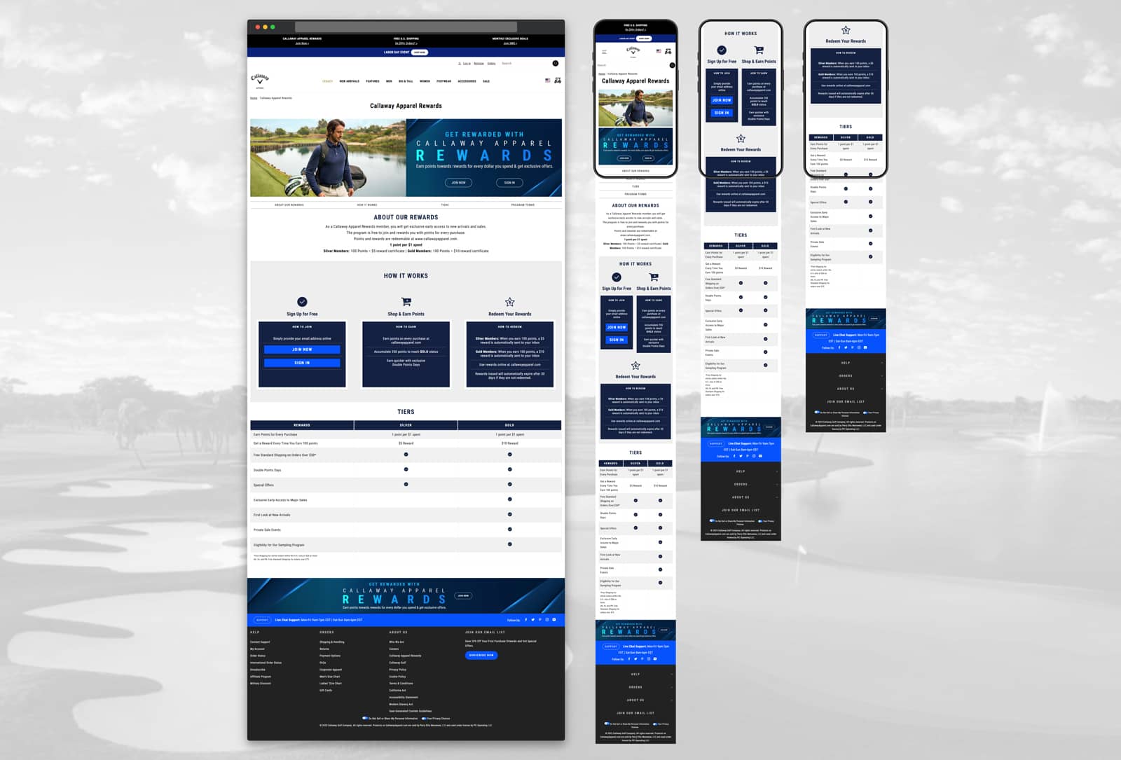 Callaway Apparel — rewards program responsive layout